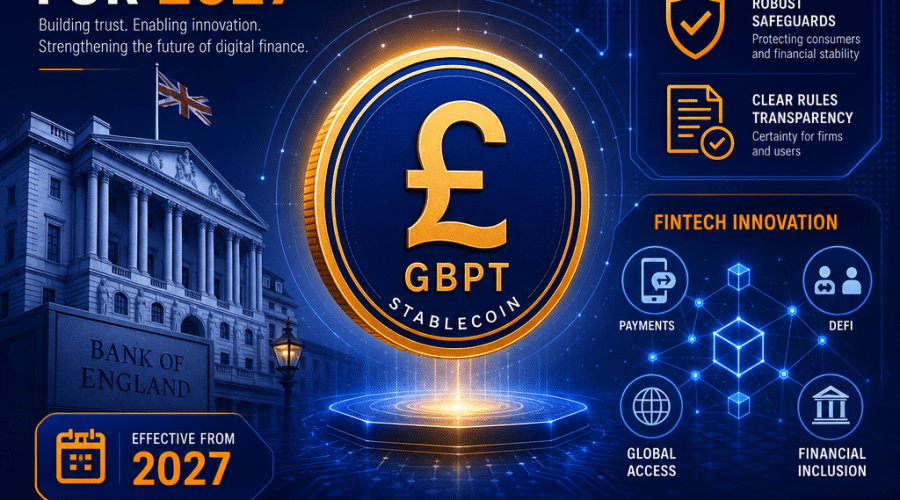 Here is a great SEO-friendly alt-text for your described image prompt: **Alt-text:** "Sleek digital illustration of a stylized British pound stablecoin at the center, surrounded by secure digital network motifs, with subtle Bank of England architecture in the background. Overlayed are symbols of regulation like scales of justice, shields, and documents, along with fintech innovation icons such as blockchain nodes and payment symbols. Design utilizes vibrant orange (#FF9811), dark blue (#000D43), and midnight blue (#021B88), projecting trust, stability, and the merging of finance and technology, to announce new UK stablecoin regulations for 2027." Let me know if you want this optimized for a specific publication, platform, or with keyword emphasis!