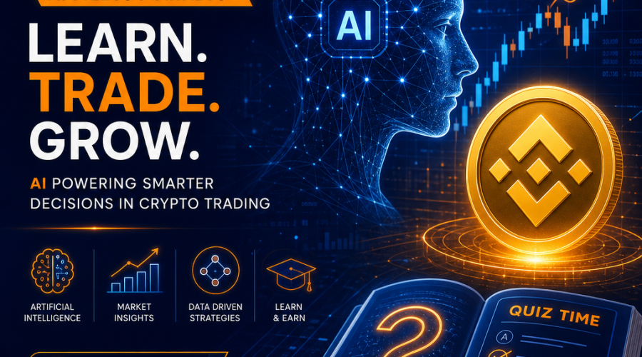 **SEO Alt-text:** Sleek 1200x628 pixel banner blending AI and stock market themes; features neural network overlays, abstract stock charts, and Binance BNB coin icon alongside education symbols like a question mark and open book. Dominated by vibrant orange (#FF9811), dark blue (#000D43), and midnight blue (#021B88), the image visually connects artificial intelligence and financial innovation in a dynamic, professional style ideal for a tech-focused finance blog.