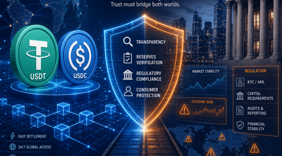 Certainly! Here’s a great SEO-optimized alt-text for the described image: **Alt-text:** "Modern 1200x628 image showcasing the tension between stablecoins and traditional finance, featuring USDT and USDC digital tokens on a stylized blockchain background. The design includes digital ledger graphics, transparent shield overlays, subtle warning icons, and visual elements representing global finance, regulation, and risk. The image blends innovation and caution with an orange (#FF9811), dark blue (#000D43), and midnight blue (#021B88) color palette, merging digital finance with regulatory themes for a professional, modern look." If you’d like it shortened or adjusted for a specific use case (like web accessibility or a social banner), let me know!