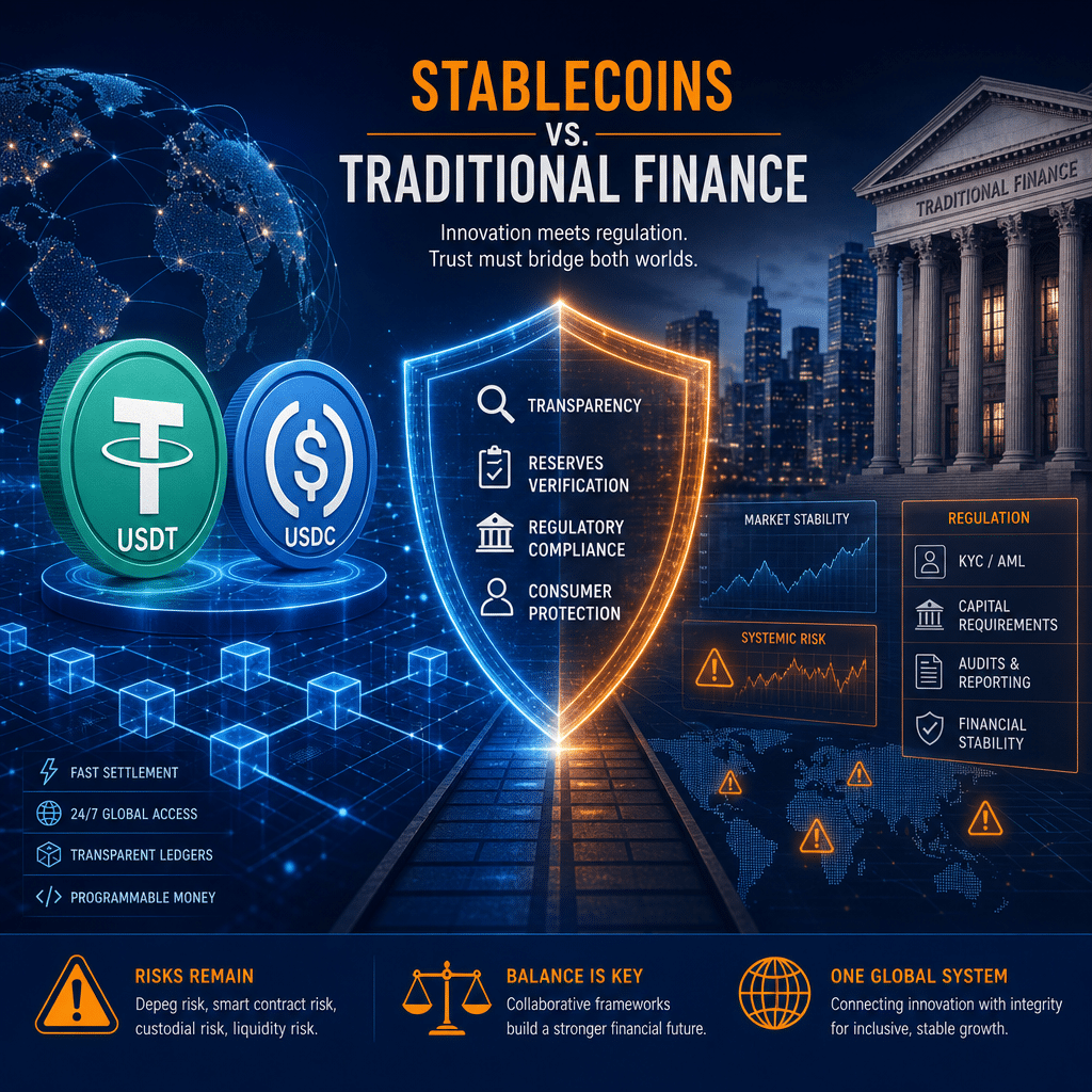 Certainly! Here’s a great SEO-optimized alt-text for the described image: **Alt-text:** "Modern 1200x628 image showcasing the tension between stablecoins and traditional finance, featuring USDT and USDC digital tokens on a stylized blockchain background. The design includes digital ledger graphics, transparent shield overlays, subtle warning icons, and visual elements representing global finance, regulation, and risk. The image blends innovation and caution with an orange (#FF9811), dark blue (#000D43), and midnight blue (#021B88) color palette, merging digital finance with regulatory themes for a professional, modern look." If you’d like it shortened or adjusted for a specific use case (like web accessibility or a social banner), let me know!
