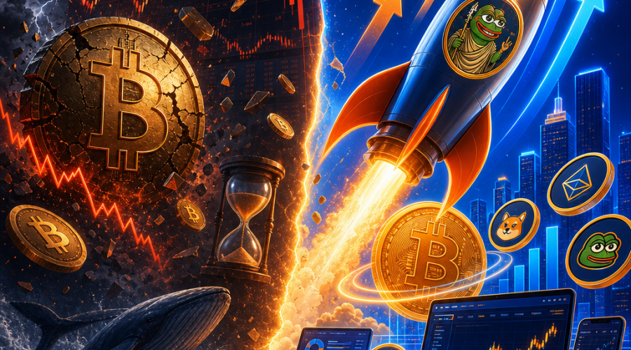 **Great SEO Alt-Text:** Modern cryptocurrency blog web banner illustration featuring a dramatic left scene with anxious Bitcoin coins, volatile price charts, and references to a billion options expiry, contrasted by a futuristic right side with a rocket labeled "Pepeto" soaring past Bitcoin, vibrant presale token graphics, digital trading platforms, and glowing upward arrows symbolizing high-growth crypto opportunities; uses bold orange (#FF9811) and dark blue (#000D43, #021B88) brand colors and dynamic lighting to depict fear versus optimism in a tech-focused, clean style.