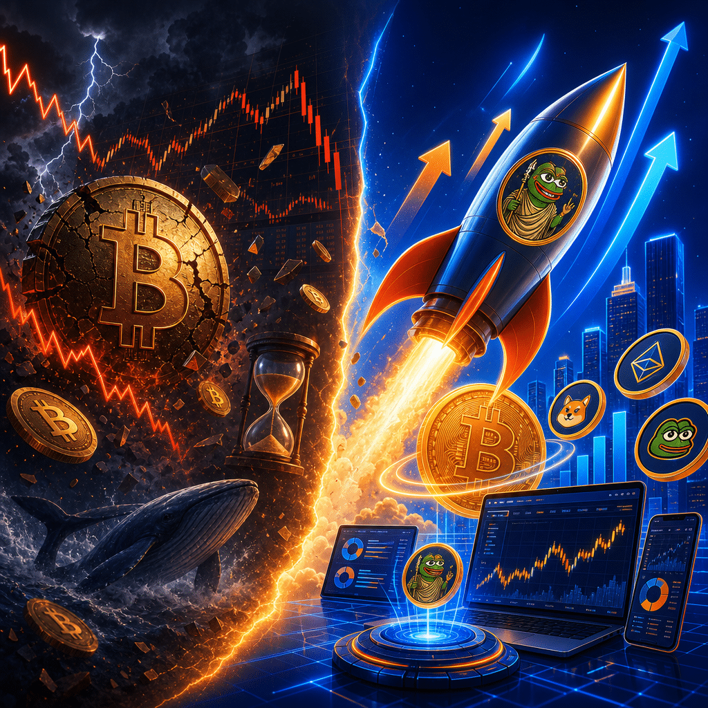 **Great SEO Alt-Text:** Modern cryptocurrency blog web banner illustration featuring a dramatic left scene with anxious Bitcoin coins, volatile price charts, and references to a $10 billion options expiry, contrasted by a futuristic right side with a rocket labeled "Pepeto" soaring past Bitcoin, vibrant presale token graphics, digital trading platforms, and glowing upward arrows symbolizing high-growth crypto opportunities; uses bold orange (#FF9811) and dark blue (#000D43, #021B88) brand colors and dynamic lighting to depict fear versus optimism in a tech-focused, clean style.