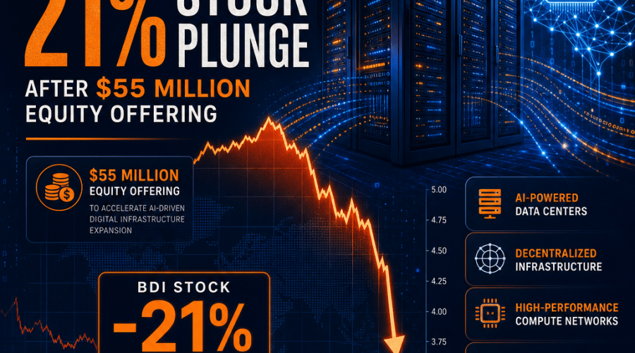 **SEO Alt-Text:** Modern financial news blog illustration depicting Blockchain Digital Infrastructure’s 21% stock plunge after a million equity offering. The image features bold digital infrastructure icons, a dramatic stock market graph showing a sharp downward trend, and digital AI elements like neural networks and flowing data streams. The design uses prominent orange (#FF9811) highlights for key data points and integrates dark blue (#000D43) and midnight blue (#021B88) backgrounds for a sleek, high-tech, and cohesive appearance. This professional, dynamic visual is sized 1200 x 628 pixels, perfect for articles on tech-driven financial events.