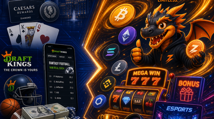 **SEO Alt-Text for the Image:** Dynamic split-screen digital illustration at 1200 x 628 pixels comparing classic online betting with the future of crypto-first gambling. The left side features dark and midnight blue tones, with abstract icons of Caesars’ pillars, playing cards, hotel rewards, and DraftKings’ fantasy sports, mobile phone, and US dollars. The right side showcases ZunaBet, highlighted by orange accents, including a swirling crypto coin, playful dragon mascot, vibrant slot machines, esports icons, and stylized Bitcoin and Ethereum logos. The image visually represents the transformation from traditional betting to innovative, fast-paced, gamified online gambling with cryptocurrency.