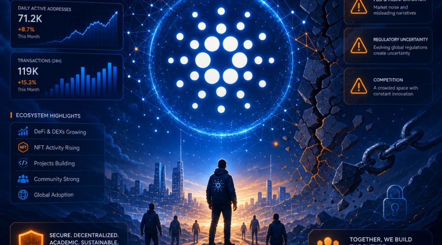 Alt-text for SEO: "Sleek 1200x628 Cardano ecosystem image featuring the glowing Cardano logo with abstract blockchain nodes, active user activity lines, and network activity graphs in Cardano brand colors (Orange #FF9811, Dark Blue #000D43, Midnight Blue #021B88). Visual contrasts of positive engagement and challenges are shown through rising address indicators, subtle warning icons, and fragmented graphic shapes, evoking tension and hope while highlighting Cardano’s resilience, security, and dynamic transformation. Clean, modern design styled for financial and cryptocurrency blogs."