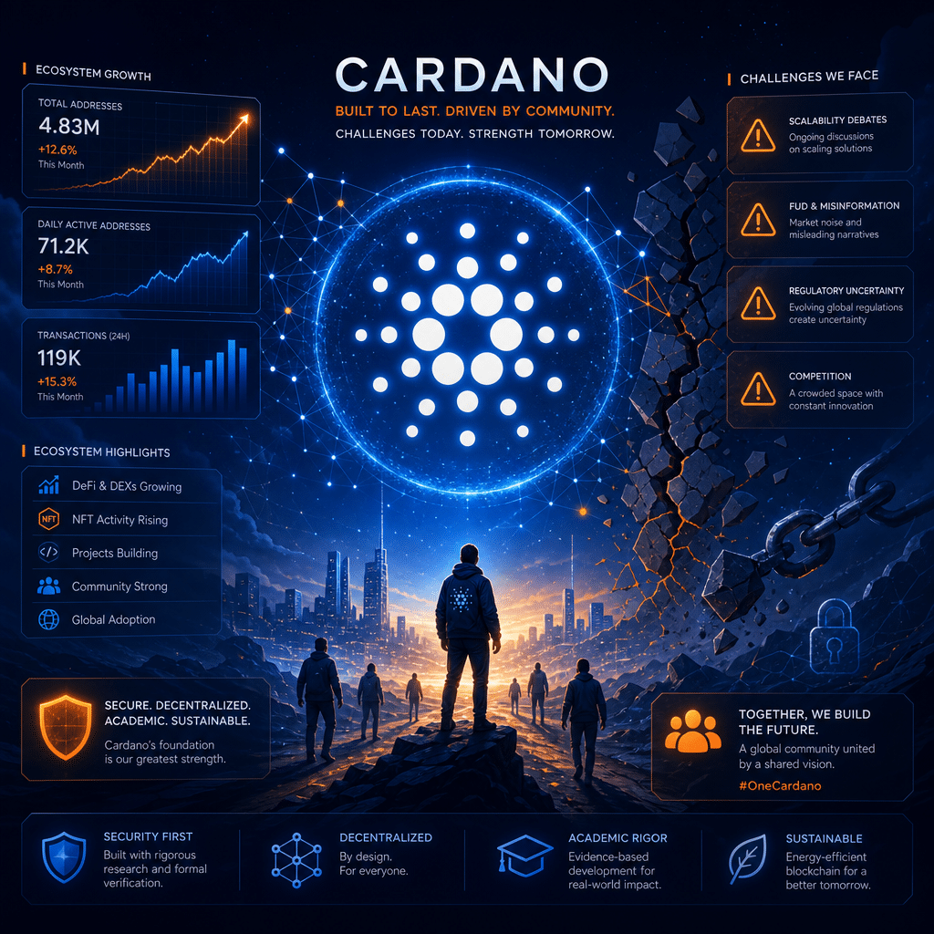 Alt-text for SEO: "Sleek 1200x628 Cardano ecosystem image featuring the glowing Cardano logo with abstract blockchain nodes, active user activity lines, and network activity graphs in Cardano brand colors (Orange #FF9811, Dark Blue #000D43, Midnight Blue #021B88). Visual contrasts of positive engagement and challenges are shown through rising address indicators, subtle warning icons, and fragmented graphic shapes, evoking tension and hope while highlighting Cardano’s resilience, security, and dynamic transformation. Clean, modern design styled for financial and cryptocurrency blogs."
