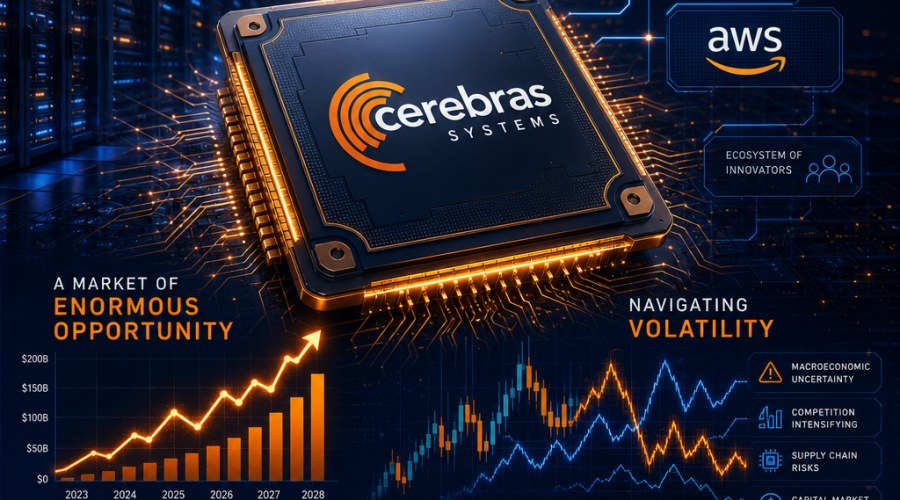 **SEO-optimized alt text:** Modern digital illustration of a large, futuristic AI inference chip featuring the Cerebras Systems logo at the center, surrounded by stylized financial charts depicting growth and volatility. High-tech data centers and abstract connections to industry partners like OpenAI and AWS appear in the background, all rendered with a professional, technology-forward style using a bold color palette of orange (#FF9811), dark blue (#000D43), and midnight blue (#021B88), visually representing investment opportunities and uncertainties in the AI hardware sector.