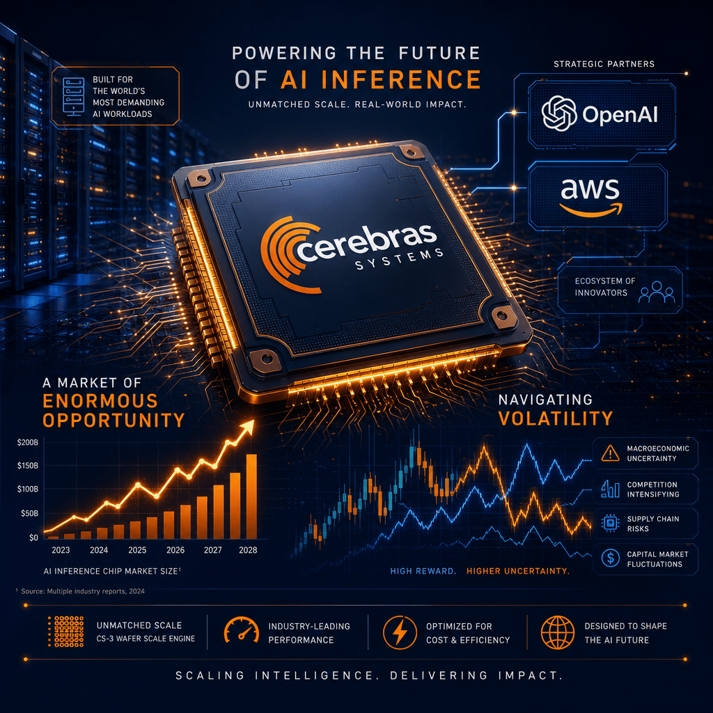 **SEO-optimized alt text:** Modern digital illustration of a large, futuristic AI inference chip featuring the Cerebras Systems logo at the center, surrounded by stylized financial charts depicting growth and volatility. High-tech data centers and abstract connections to industry partners like OpenAI and AWS appear in the background, all rendered with a professional, technology-forward style using a bold color palette of orange (#FF9811), dark blue (#000D43), and midnight blue (#021B88), visually representing investment opportunities and uncertainties in the AI hardware sector.