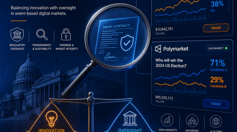 **SEO-Friendly Alt Text:** Header image visually representing regulatory scrutiny of prediction markets, featuring stylized charts and graphs, icons of government oversight like a magnifying glass over digital contracts, and digital tokens symbolizing Kalshi and Polymarket. The design uses orange, dark blue, and midnight blue brand colors, balancing themes of innovation and compliance in event-based trading platforms.