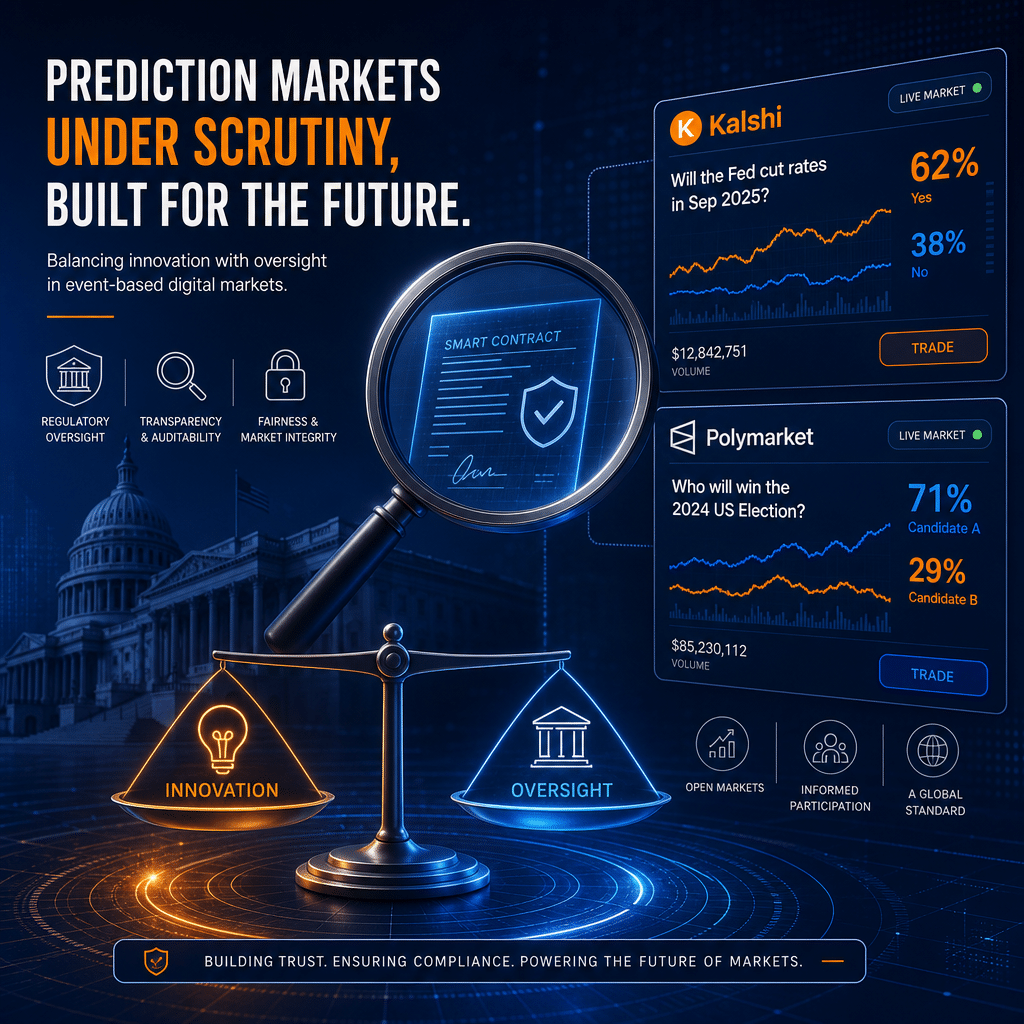 **SEO-Friendly Alt Text:** Header image visually representing regulatory scrutiny of prediction markets, featuring stylized charts and graphs, icons of government oversight like a magnifying glass over digital contracts, and digital tokens symbolizing Kalshi and Polymarket. The design uses orange, dark blue, and midnight blue brand colors, balancing themes of innovation and compliance in event-based trading platforms.
