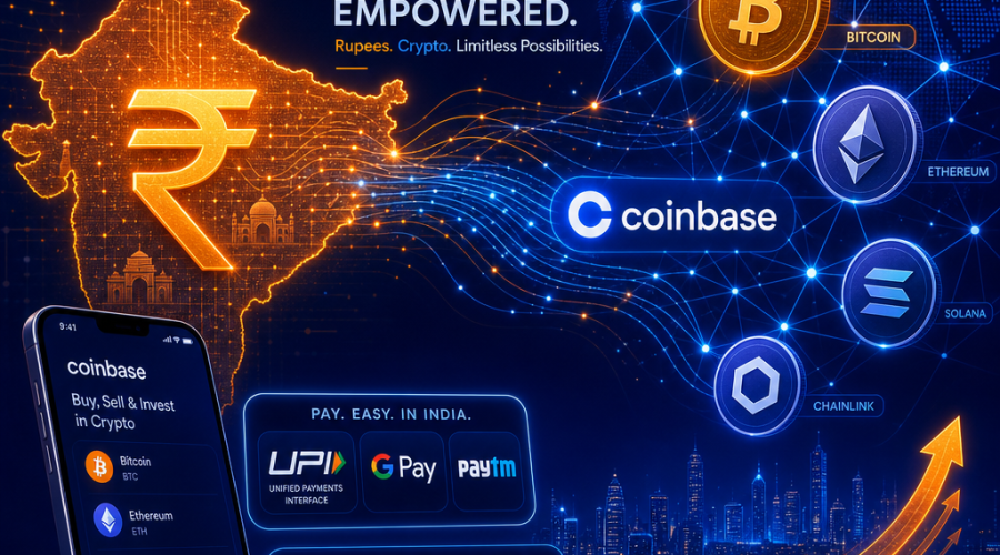 **SEO Alt-Text:** "Modern illustration of India map evolving into digital network lines, featuring the Indian Rupee symbol, Bitcoin, and Ethereum icons, combined with Coinbase branding, smartphone, and Indian UPI banking symbols. Uses energetic orange, dark blue, and midnight blue color palette for a tech-forward, welcoming hero image about cryptocurrency adoption and local payment access in India." Let me know if you'd like variations tailored for different keyword focuses or platforms!
