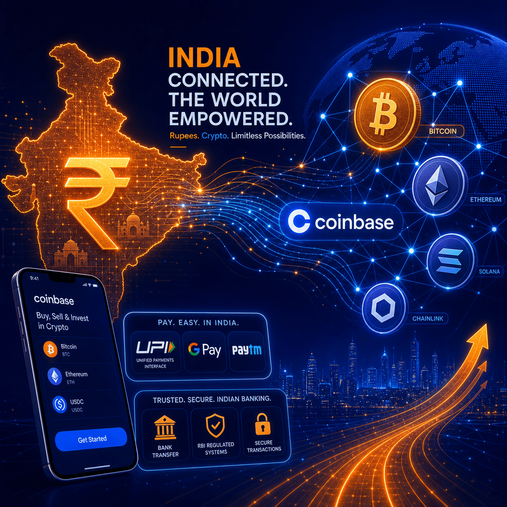 **SEO Alt-Text:** "Modern illustration of India map evolving into digital network lines, featuring the Indian Rupee symbol, Bitcoin, and Ethereum icons, combined with Coinbase branding, smartphone, and Indian UPI banking symbols. Uses energetic orange, dark blue, and midnight blue color palette for a tech-forward, welcoming hero image about cryptocurrency adoption and local payment access in India." Let me know if you'd like variations tailored for different keyword focuses or platforms!