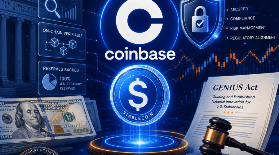 Here’s a strong SEO-focused alt-text for your described image prompt: **Alt-text:** "Digital illustration featuring the Coinbase logo interconnected with a glowing stablecoin at the center, symbolizing the company’s embrace of future U.S. stablecoin regulation and compliance. Surrounding elements include a security shield, overlapping translucent layers for transparency, U.S. Treasury icons, dollar bills, legal documents, and a gavel referencing new GENIUS Act regulations. The image uses Coinbase’s brand colors—orange #FF9811, dark blue #000D43, and midnight blue #021B88—creating a modern, innovative, and trustworthy visual amid market volatility." Let me know if you need it shortened or further optimized!