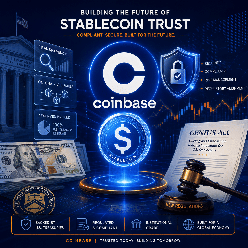 Here’s a strong SEO-focused alt-text for your described image prompt: **Alt-text:** "Digital illustration featuring the Coinbase logo interconnected with a glowing stablecoin at the center, symbolizing the company’s embrace of future U.S. stablecoin regulation and compliance. Surrounding elements include a security shield, overlapping translucent layers for transparency, U.S. Treasury icons, dollar bills, legal documents, and a gavel referencing new GENIUS Act regulations. The image uses Coinbase’s brand colors—orange #FF9811, dark blue #000D43, and midnight blue #021B88—creating a modern, innovative, and trustworthy visual amid market volatility." Let me know if you need it shortened or further optimized!