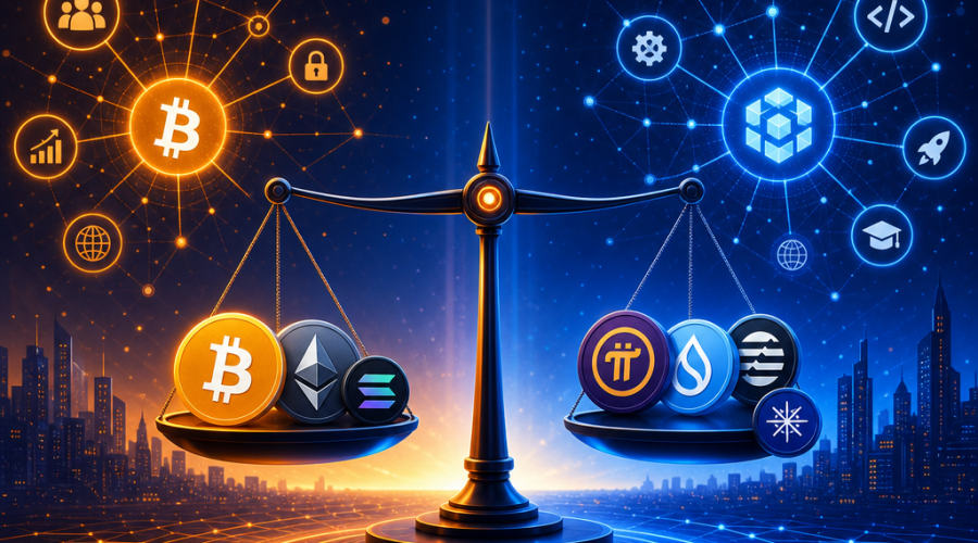 **Great SEO Alt-Text:** Digital illustration depicting the evolving cryptocurrency ecosystem for a WordPress blog post, sized 1200x628 pixels. The image artistically balances major blockchains—Bitcoin, Ethereum, and Solana—on one side, with emerging projects Pi Network, Sui, Aptos, and Ice Open Network on the other. Vibrant ecosystem nodes, community icons, and developer symbols radiate from each network, symbolizing growth, innovation, and user engagement. The artwork uses a modern palette of orange (#FF9811), dark blue (#000D43), and midnight blue (#021B88), representing a mature, trustworthy, and forward-thinking cryptocurrency market without text overlays or watermarks.