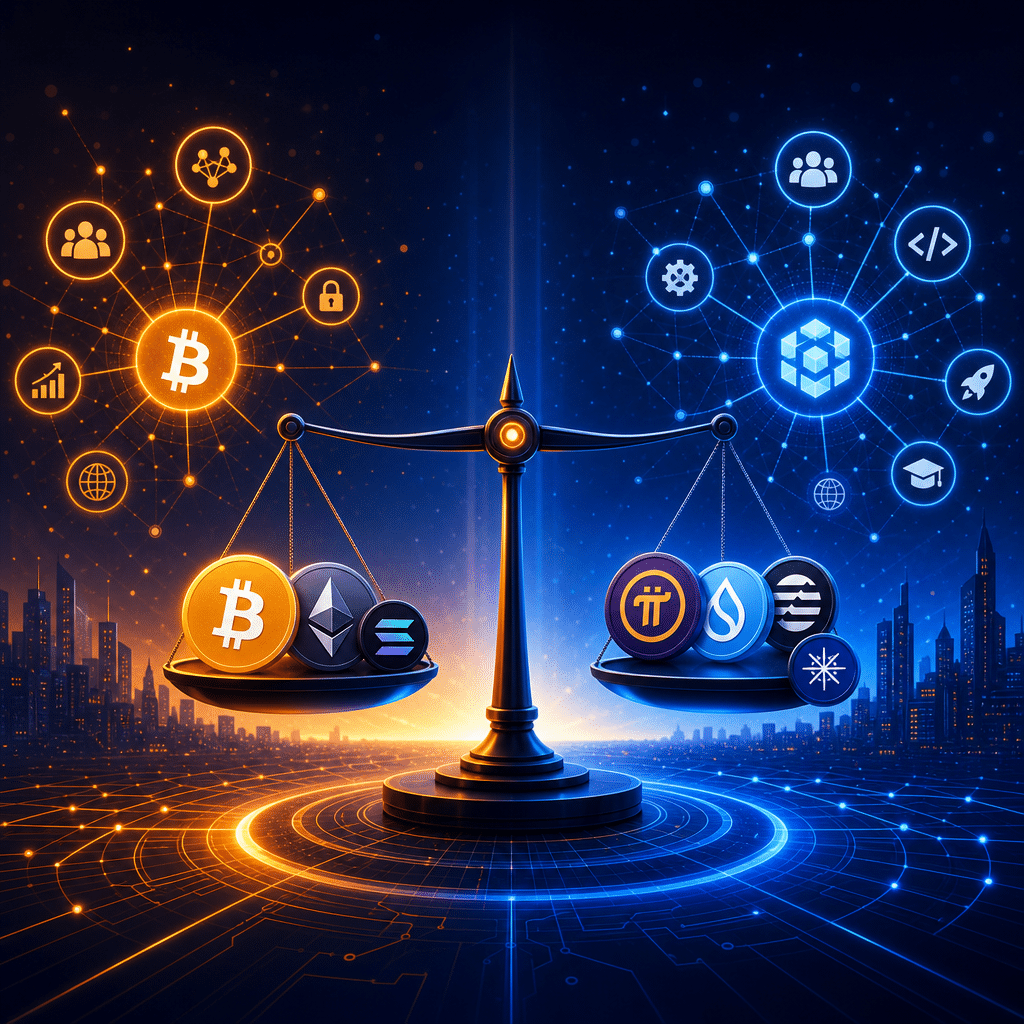 **Great SEO Alt-Text:** Digital illustration depicting the evolving cryptocurrency ecosystem for a WordPress blog post, sized 1200x628 pixels. The image artistically balances major blockchains—Bitcoin, Ethereum, and Solana—on one side, with emerging projects Pi Network, Sui, Aptos, and Ice Open Network on the other. Vibrant ecosystem nodes, community icons, and developer symbols radiate from each network, symbolizing growth, innovation, and user engagement. The artwork uses a modern palette of orange (#FF9811), dark blue (#000D43), and midnight blue (#021B88), representing a mature, trustworthy, and forward-thinking cryptocurrency market without text overlays or watermarks.