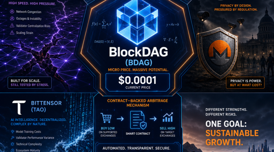 SEO-optimized alt-text: Digital illustration depicting four leading crypto projects in 2026’s volatile market: BlockDAG (BDAG) at the center with bold, glowing geometric shapes, symbolizing advanced security and mathematically coded protection; surrounding it, Solana (SOL) as a network grid showing minor vulnerabilities, Monero (XMR) with a privacy shield under regulatory scrutiny, and Bittensor (TAO) represented by dynamic AI code streams amidst technical challenges. Includes brand colors #FF9811, #000D43, and #021B88 in gradients and overlays, highlighting innovation, stability, and evolving safe digital asset strategies.