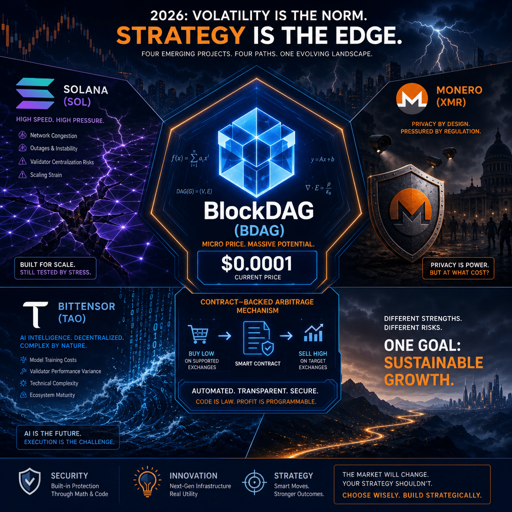 SEO-optimized alt-text: Digital illustration depicting four leading crypto projects in 2026’s volatile market: BlockDAG (BDAG) at the center with bold, glowing geometric shapes, symbolizing advanced security and mathematically coded protection; surrounding it, Solana (SOL) as a network grid showing minor vulnerabilities, Monero (XMR) with a privacy shield under regulatory scrutiny, and Bittensor (TAO) represented by dynamic AI code streams amidst technical challenges. Includes brand colors #FF9811, #000D43, and #021B88 in gradients and overlays, highlighting innovation, stability, and evolving safe digital asset strategies.