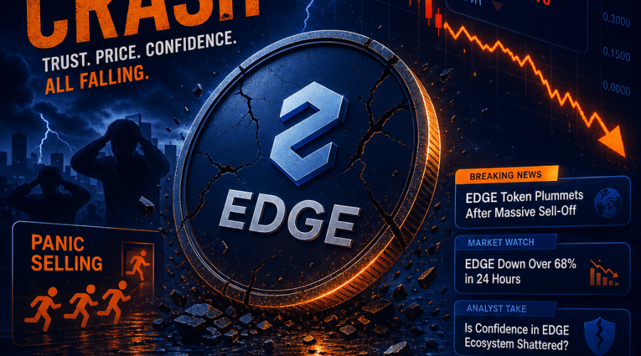 SEO-Optimized Alt-Text: Modern blog header image visualizing a dramatic EDGE token cryptocurrency crash; features a prominent EDGE digital token set against a dark, volatile market background with sharp downward price lines, bearish candlestick charts, and financial turmoil. The scene includes subtle cues of panic selling, trust issues, and alarming news headlines, all styled in brand colors—Orange (#FF9811) accentuating market chaos, with dominant Dark Blue (#000D43) and Midnight Blue (#021B88) hues. Clean, sharp tech-inspired design fits a professional, finance-savvy cryptocurrency blog.