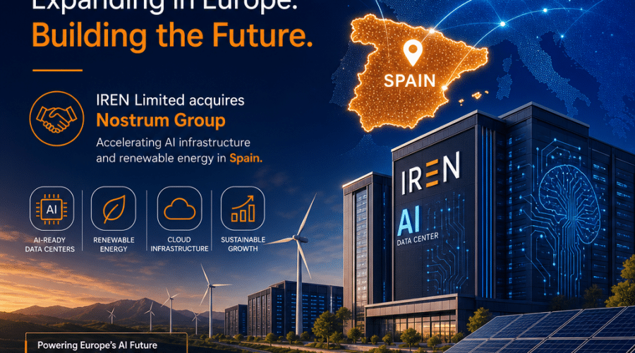 **SEO Alt Text:** Modern professional header image for IREN Limited's European expansion, featuring stylized AI data centers and digital motifs, a map outline of Spain with Europe hints, wind turbines and solar panels for renewable energy, subtle cloud computing icons, and cohesive use of brand colors orange (#FF9811), dark blue (#000D43), and midnight blue (#021B88); visually representing innovation, growth, and sustainability amid IREN's acquisition of Nostrum Group for a technology-focused blog post.