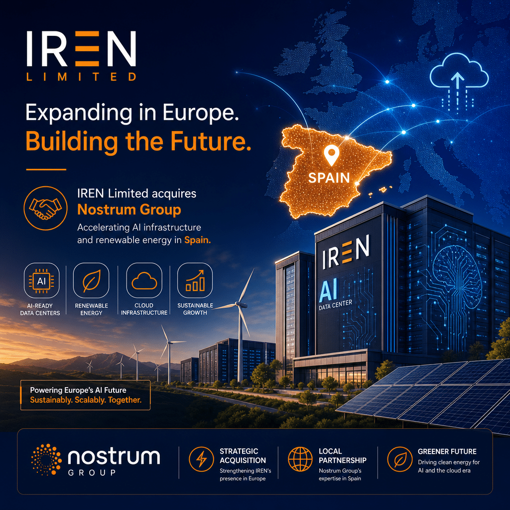 **SEO Alt Text:** Modern professional header image for IREN Limited's European expansion, featuring stylized AI data centers and digital motifs, a map outline of Spain with Europe hints, wind turbines and solar panels for renewable energy, subtle cloud computing icons, and cohesive use of brand colors orange (#FF9811), dark blue (#000D43), and midnight blue (#021B88); visually representing innovation, growth, and sustainability amid IREN's acquisition of Nostrum Group for a technology-focused blog post.