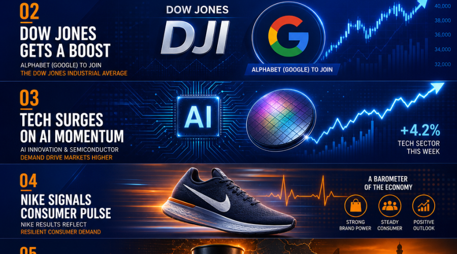 Alt-text: Sleek, modern digital collage divided into five seamlessly blended sections showcasing recent market news: leftmost section shows a dynamic corporate split for Comcast with two diverging arrows; second section illustrates the Dow Jones index alongside the Google/Alphabet logo joining; center presents a rising tech graph with AI and semiconductor chip imagery; next section features a stylized Nike sneaker symbolizing the economy’s pulse; and rightmost segment displays a glowing oil barrel surrounded by Middle East icons representing energy tensions. The image uses dominant brand colors Orange (#FF9811), Dark Blue (#000D43), and Midnight Blue (#021B88), with smooth gradients, geometric overlays, and a sophisticated, professional design, sized at 1200 x 628 pixels.