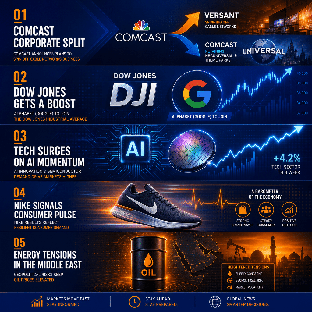 Alt-text: Sleek, modern digital collage divided into five seamlessly blended sections showcasing recent market news: leftmost section shows a dynamic corporate split for Comcast with two diverging arrows; second section illustrates the Dow Jones index alongside the Google/Alphabet logo joining; center presents a rising tech graph with AI and semiconductor chip imagery; next section features a stylized Nike sneaker symbolizing the economy’s pulse; and rightmost segment displays a glowing oil barrel surrounded by Middle East icons representing energy tensions. The image uses dominant brand colors Orange (#FF9811), Dark Blue (#000D43), and Midnight Blue (#021B88), with smooth gradients, geometric overlays, and a sophisticated, professional design, sized at 1200 x 628 pixels.