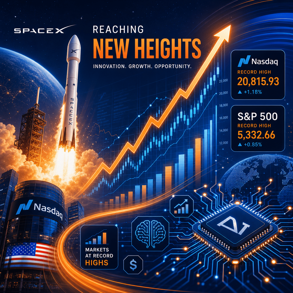 **SEO-Focused Alt-Text:** Modern illustration in vibrant brand colors (#FF9811 orange, #000D43, #021B88 blue) showing an upward-trending stock market chart intertwined with tech and space icons, including a rocket launch symbolizing SpaceX, microchips and AI nodes for technology and artificial intelligence growth, and financial analytics graphs. Subtle Nasdaq and S&P 500 references celebrate record highs, set against abstract market-inspired shapes with energetic orange and blue gradients in a sleek, professional, and innovation-driven financial environment. Sized 1200 x 628 pixels.