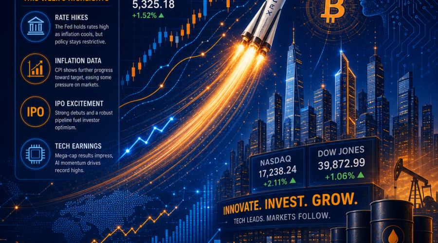 **SEO-optimized alt-text:** Modern illustration of a dynamic US stock market chart with moving lines and candlesticks merging into a SpaceX rocket launching toward a futuristic financial skyline; overlays feature tech and AI circuit patterns, a Bitcoin symbol, and oil barrels, representing weekly Wall Street themes like rate hikes, inflation data, tech earnings, and IPO excitement. Bold brand colors (#FF9811 orange, #000D43 dark blue, #021B88 midnight blue) emphasize innovation and financial growth in a sleek, professional design.