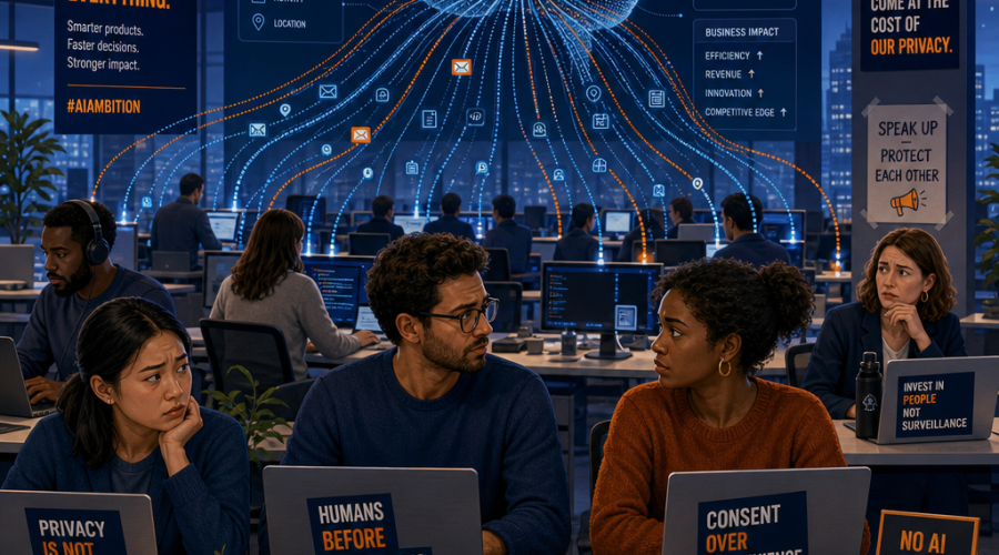 Sure! Here is a strong SEO-friendly alt text for your described image: **Alt Text:** Modern illustrated open-plan tech office showing diverse employees working on laptops, some with concerned expressions, as abstract data streams in orange and blue flow into a large semi-transparent AI brain. Subtle protest flyers and placards on desks highlight employee privacy concerns and resistance to corporate AI data collection, using cohesive brand colors of orange #FF9811, dark blue #000D43, and midnight blue #021B88 for a professional, tech-focused aesthetic.