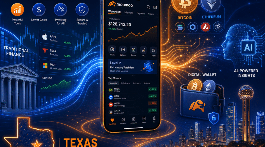 **SEO Alt-Text:** Modern illustration showing the convergence of traditional finance and digital assets for Moomoo's Texas launch, featuring dynamic stock market graphs, Bitcoin and Ethereum symbols, AI technology icons, and a mobile trading app interface, all interconnected by flowing lines. The design integrates digital wallet imagery and recognizable Texas elements, utilizing Moomoo’s brand colors—orange, dark blue, and midnight blue—for a professional and innovative look representing accessible, tech-driven investing.