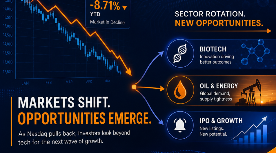 **SEO-optimized alt-text:** Modern stylized blog image showing a declining Nasdaq stock chart with AI and semiconductor circuit patterns fading in the background. Icons for biotech (DNA strand), oil (oil drop), and IPO (stock graph) represent sector rotation and emerging opportunities. Sleek design uses orange, dark blue, and midnight blue brand colors, illustrating shifting market dynamics, investor caution, and innovation. 1200x628px, professional layout. --- This alt-text is crafted for great SEO by including relevant keywords (Nasdaq, AI, semiconductor, biotech, oil, IPO, sector rotation, innovation), clearly describing the visual elements, and matching blogging and digital marketing best practices. Let me know if you'd like a shorter version or further customization!