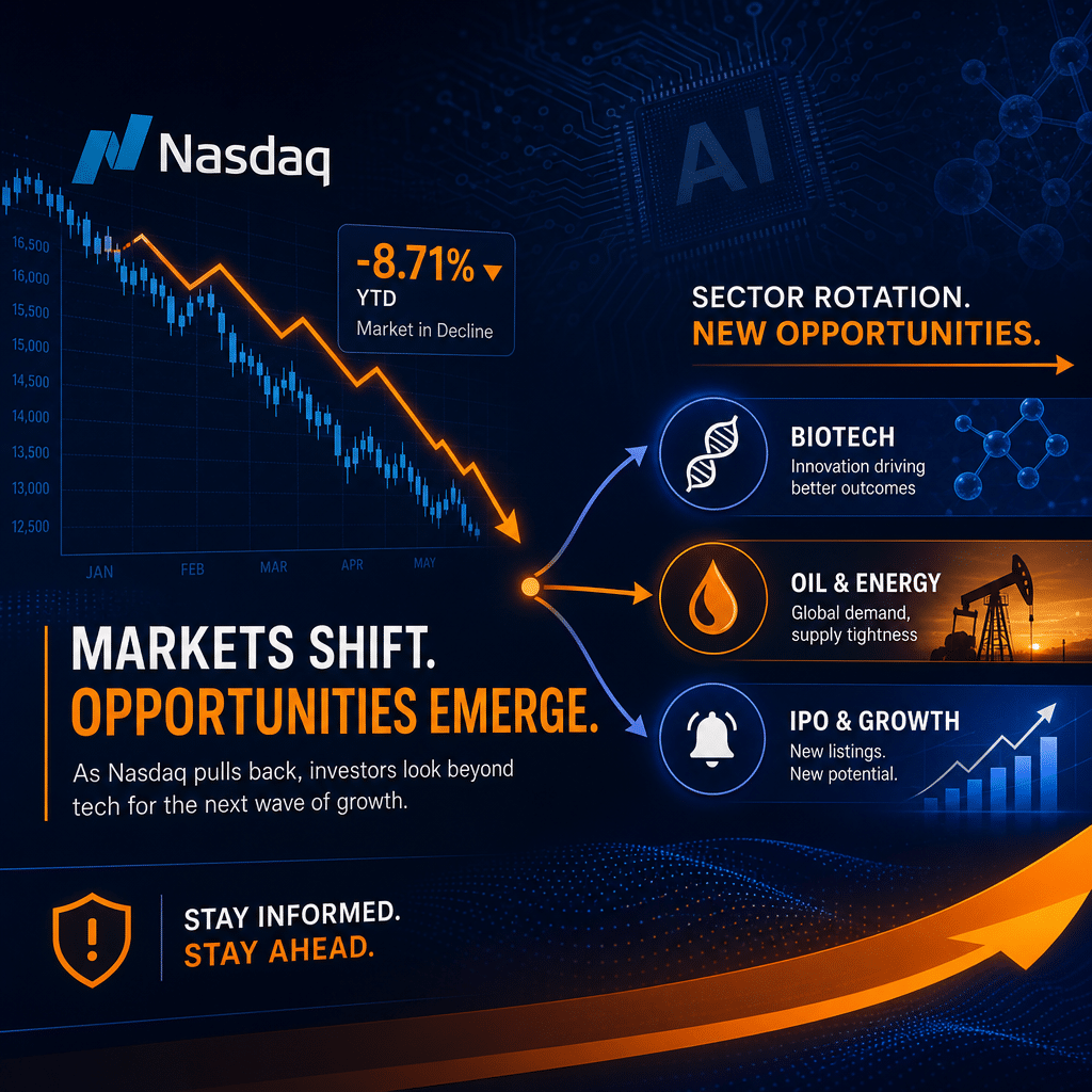 **SEO-optimized alt-text:** Modern stylized blog image showing a declining Nasdaq stock chart with AI and semiconductor circuit patterns fading in the background. Icons for biotech (DNA strand), oil (oil drop), and IPO (stock graph) represent sector rotation and emerging opportunities. Sleek design uses orange, dark blue, and midnight blue brand colors, illustrating shifting market dynamics, investor caution, and innovation. 1200x628px, professional layout. --- This alt-text is crafted for great SEO by including relevant keywords (Nasdaq, AI, semiconductor, biotech, oil, IPO, sector rotation, innovation), clearly describing the visual elements, and matching blogging and digital marketing best practices. Let me know if you'd like a shorter version or further customization!