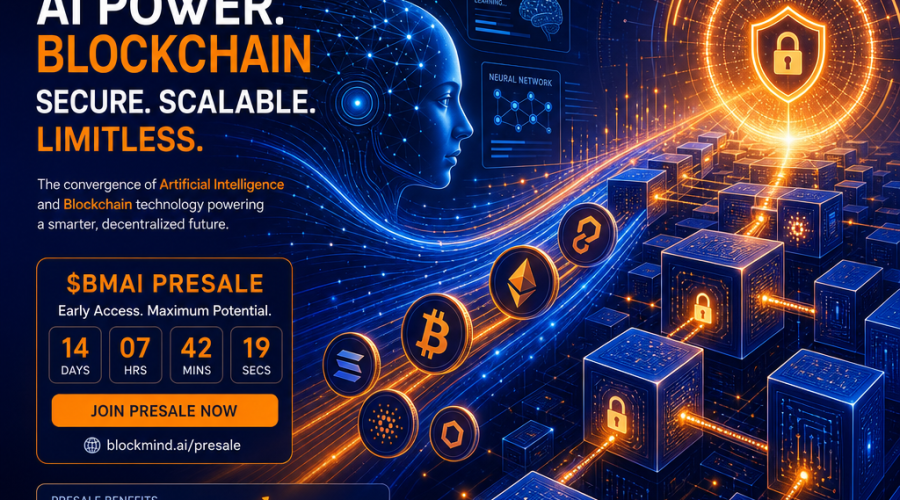 Sure! Here’s an optimized SEO alt-text for your described image prompt: **Alt-text:** Modern digital illustration of AI and blockchain convergence, featuring stylized circuit patterns, block structures, and neural network motifs radiating towards a secure network hub. Includes coin icons, futuristic graphs, and gradients in brand colors orange (#FF9811), dark blue (#000D43), and midnight blue (#021B88). Highlights innovation, presale opportunity, security, scalability, and cutting-edge technology in a balanced horizontal 1200x628 layout. If you'd like it further tailored to your brand or a specific keyword target, let me know!