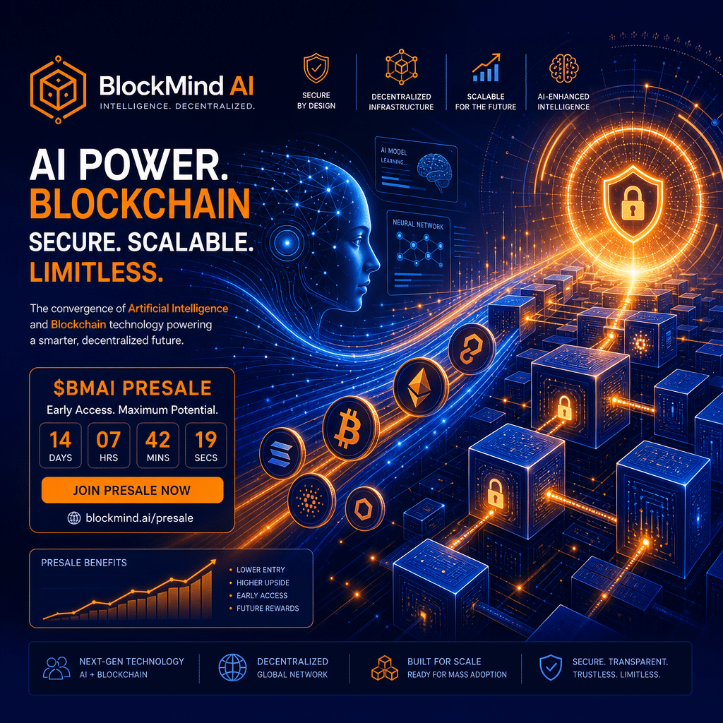 Sure! Here’s an optimized SEO alt-text for your described image prompt: **Alt-text:** Modern digital illustration of AI and blockchain convergence, featuring stylized circuit patterns, block structures, and neural network motifs radiating towards a secure network hub. Includes coin icons, futuristic graphs, and gradients in brand colors orange (#FF9811), dark blue (#000D43), and midnight blue (#021B88). Highlights innovation, presale opportunity, security, scalability, and cutting-edge technology in a balanced horizontal 1200x628 layout. If you'd like it further tailored to your brand or a specific keyword target, let me know!