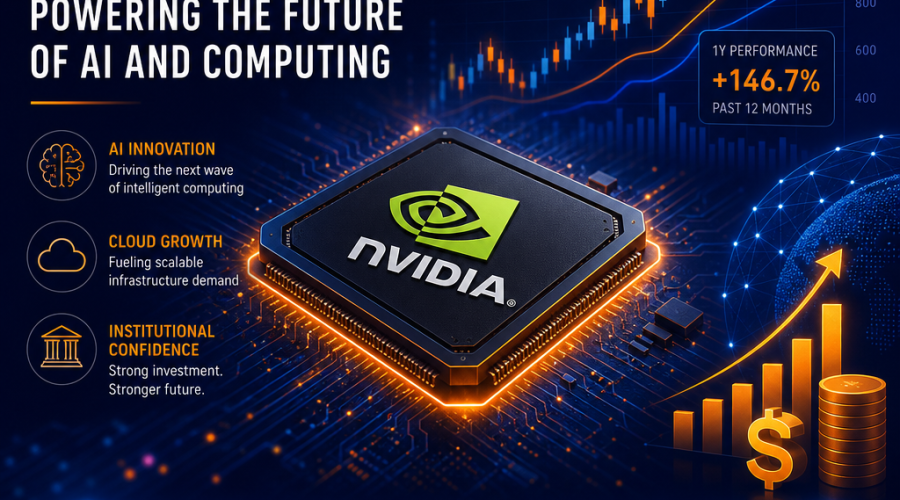 Sure! Here’s a search-optimized alt text for your described image: **"Modern digital illustration featuring Nvidia logo and stylized GPU chip at the center, surrounded by dynamic abstract data lines and orange-accented stock chart bars on a dark blue background; includes iconography for artificial intelligence, cloud computing, and institutional investment, representing Nvidia’s stock performance and strategic role in the AI and chip industry, sized 1200x628 pixels."** Let me know if you want it tailored for specific SEO keywords!