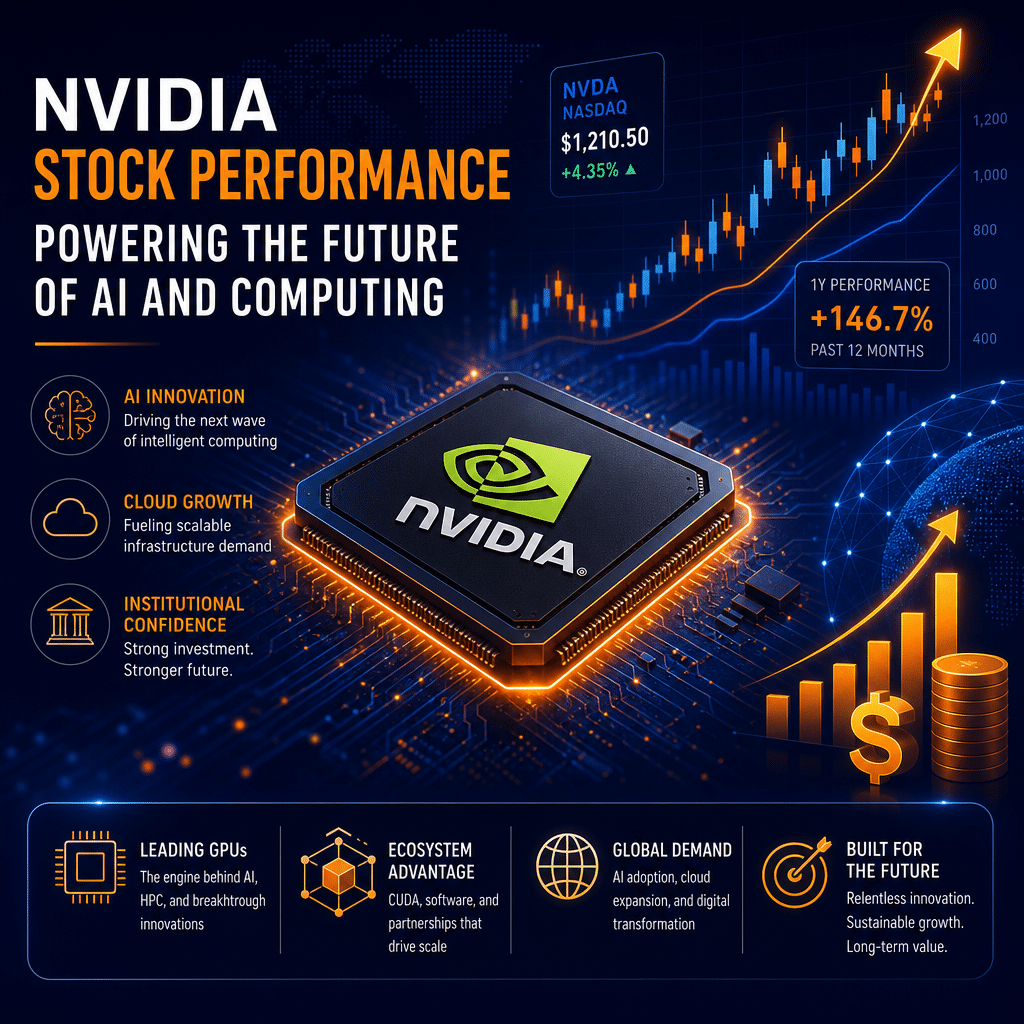 Sure! Here’s a search-optimized alt text for your described image: **"Modern digital illustration featuring Nvidia logo and stylized GPU chip at the center, surrounded by dynamic abstract data lines and orange-accented stock chart bars on a dark blue background; includes iconography for artificial intelligence, cloud computing, and institutional investment, representing Nvidia’s stock performance and strategic role in the AI and chip industry, sized 1200x628 pixels."** Let me know if you want it tailored for specific SEO keywords!