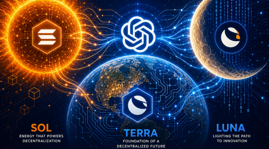 **SEO Alt-Text:** Sleek, modern blog banner (1200x628 pixels) illustrating the convergence of AI and cryptocurrency, featuring a vibrant composition of Sol as a radiant sun with blockchain patterns, Terra as Earth with digital circuitry, and Luna as a crescent moon with shimmering data streams. Elements are interconnected with abstract neural network lines and subtle blockchain symbols, with OpenAI and crypto motifs unified by brand colors Orange (#FF9811), Dark Blue (#000D43), and Midnight Blue (#021B88), conveying innovation and technological progress in AI-driven blockchain networks.