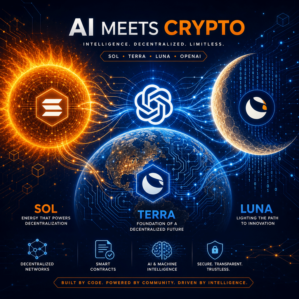 **SEO Alt-Text:** Sleek, modern blog banner (1200x628 pixels) illustrating the convergence of AI and cryptocurrency, featuring a vibrant composition of Sol as a radiant sun with blockchain patterns, Terra as Earth with digital circuitry, and Luna as a crescent moon with shimmering data streams. Elements are interconnected with abstract neural network lines and subtle blockchain symbols, with OpenAI and crypto motifs unified by brand colors Orange (#FF9811), Dark Blue (#000D43), and Midnight Blue (#021B88), conveying innovation and technological progress in AI-driven blockchain networks.