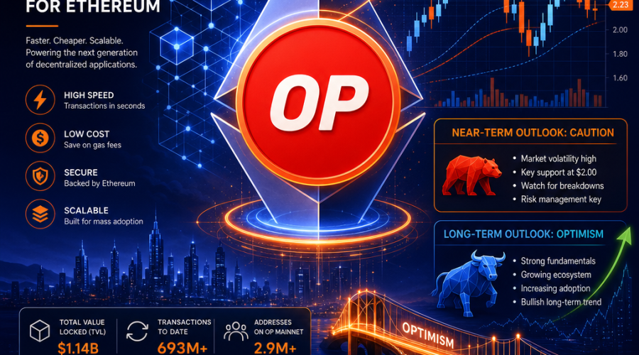 **SEO Alt-text:** Digital illustration of Optimism (OP) Layer-2 Ethereum scaling solution featuring the prominent OP logo layered over a stylized Ethereum symbol, with dynamic abstract blockchain graphics. The fintech-inspired image includes candlestick chart overlays, trend lines, bullish and bearish arrows to indicate market volatility and technical analysis. The composition uses energetic orange (#FF9811) accents on a professional gradient background of dark blue and midnight blue, visually representing scalability, growth, innovation, and both near-term caution and long-term optimism in the DeFi and cryptocurrency landscape.