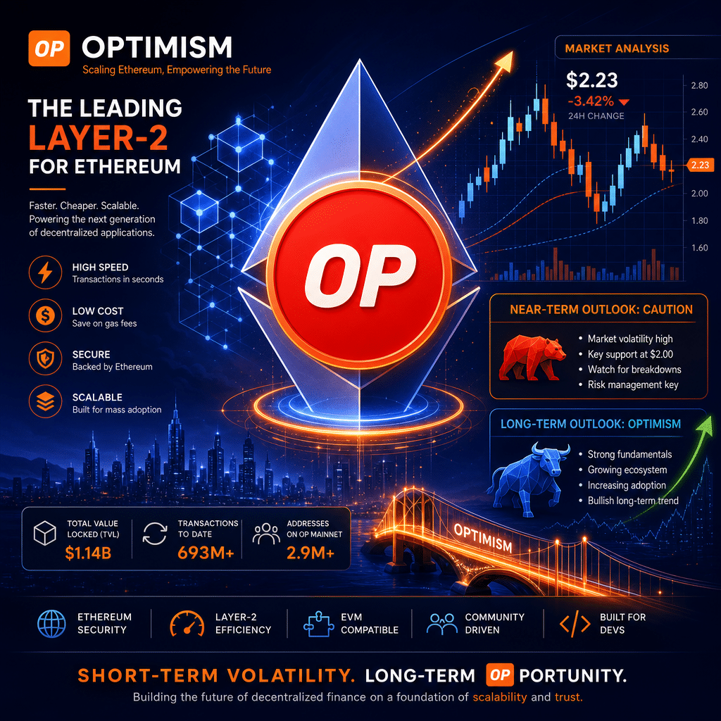 **SEO Alt-text:** Digital illustration of Optimism (OP) Layer-2 Ethereum scaling solution featuring the prominent OP logo layered over a stylized Ethereum symbol, with dynamic abstract blockchain graphics. The fintech-inspired image includes candlestick chart overlays, trend lines, bullish and bearish arrows to indicate market volatility and technical analysis. The composition uses energetic orange (#FF9811) accents on a professional gradient background of dark blue and midnight blue, visually representing scalability, growth, innovation, and both near-term caution and long-term optimism in the DeFi and cryptocurrency landscape.