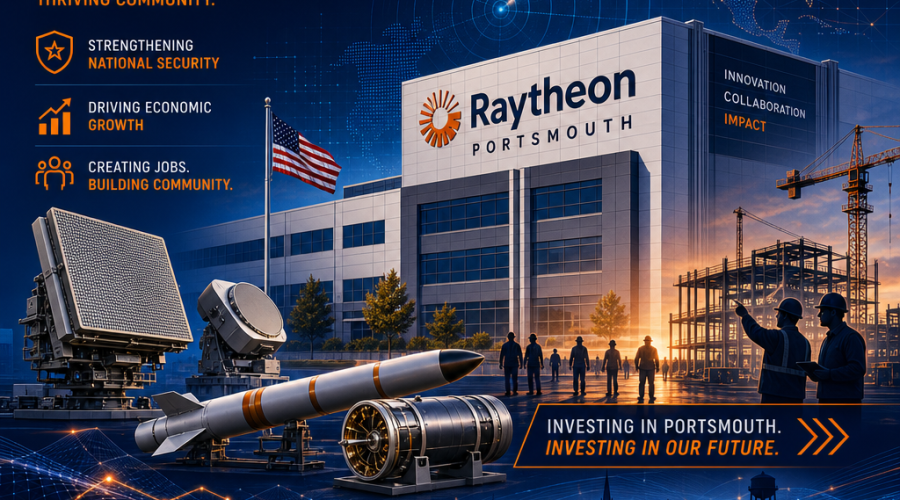 **SEO-Optimized Alt Text:** Modern digital illustration of Raytheon Portsmouth facility showcasing advanced defense technology with stylized radar arrays, missile components, and dynamic radar waves in the foreground; digital grids symbolize innovation, while subtle worker silhouettes highlight job creation and economic growth. Brand colors orange (#FF9811), dark blue (#000D43), and midnight blue (#021B88) are featured, visually conveying progress, national security, and community advancement. Image size: 1200x628 pixels. --- *This alt-text balances SEO-friendly keywords like "Raytheon Portsmouth facility," "defense technology," "advanced innovation," and "job creation," while describing visual elements succinctly and clearly for screen readers and search engines.*
