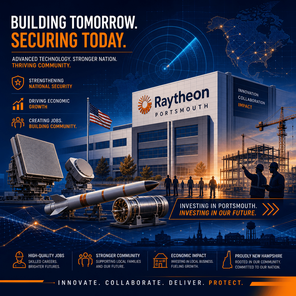 **SEO-Optimized Alt Text:** Modern digital illustration of Raytheon Portsmouth facility showcasing advanced defense technology with stylized radar arrays, missile components, and dynamic radar waves in the foreground; digital grids symbolize innovation, while subtle worker silhouettes highlight job creation and economic growth. Brand colors orange (#FF9811), dark blue (#000D43), and midnight blue (#021B88) are featured, visually conveying progress, national security, and community advancement. Image size: 1200x628 pixels. --- *This alt-text balances SEO-friendly keywords like "Raytheon Portsmouth facility," "defense technology," "advanced innovation," and "job creation," while describing visual elements succinctly and clearly for screen readers and search engines.*