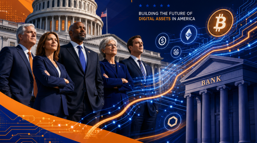 SEO Alt-text: Modern illustration of confident US senators in business attire standing before the Capitol, with bold abstract shapes and digital circuit patterns symbolizing blockchain and cryptocurrencies flowing toward traditional bank buildings; set against a professional background in shades of orange, dark blue, and midnight blue—representing fair crypto bank regulations and the future of digital assets in American banking.