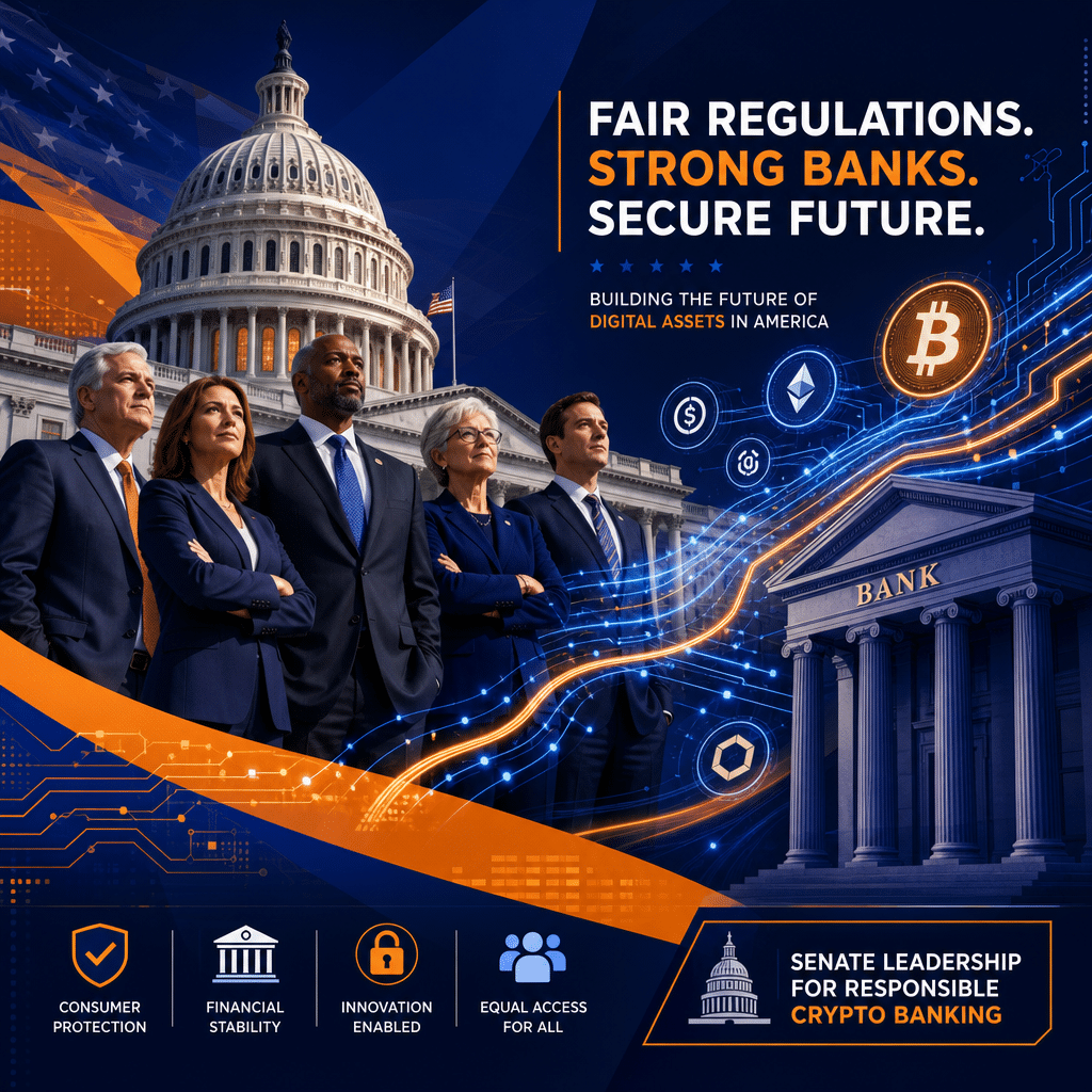 SEO Alt-text: Modern illustration of confident US senators in business attire standing before the Capitol, with bold abstract shapes and digital circuit patterns symbolizing blockchain and cryptocurrencies flowing toward traditional bank buildings; set against a professional background in shades of orange, dark blue, and midnight blue—representing fair crypto bank regulations and the future of digital assets in American banking.