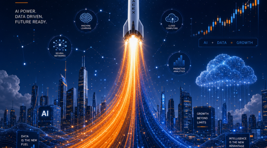 **SEO Alt-Text:** Digital illustration showing a SpaceX-inspired rocket launching upwards with vivid orange (#FF9811) and deep blue trails against a futuristic cityscape filled with glowing AI neural network patterns and data clouds, under starry skies symbolizing technology growth and innovation; subtle IPO and stock market icons are integrated throughout, reflecting optimism, advanced artificial intelligence, and a modern, high-tech aesthetic in brand-aligned colors (1200x628 pixels).