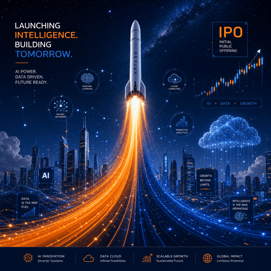 **SEO Alt-Text:** Digital illustration showing a SpaceX-inspired rocket launching upwards with vivid orange (#FF9811) and deep blue trails against a futuristic cityscape filled with glowing AI neural network patterns and data clouds, under starry skies symbolizing technology growth and innovation; subtle IPO and stock market icons are integrated throughout, reflecting optimism, advanced artificial intelligence, and a modern, high-tech aesthetic in brand-aligned colors (1200x628 pixels).
