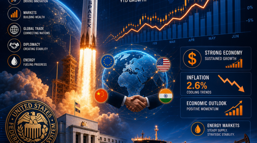 **SEO Alt-Text:** Dynamic financial and technology-themed image illustrating June 2026 stock market trends, featuring an upward-trending graph over a dark blue and midnight blue background with energetic orange accents; includes a SpaceX rocket launch symbolizing innovation, subtle oil tankers, global diplomacy icons (globe and handshake), and financial symbols like a Federal Reserve icon, dollar sign, bar chart, and inflation arrow, visually representing cutting-edge market dynamics and economic growth.