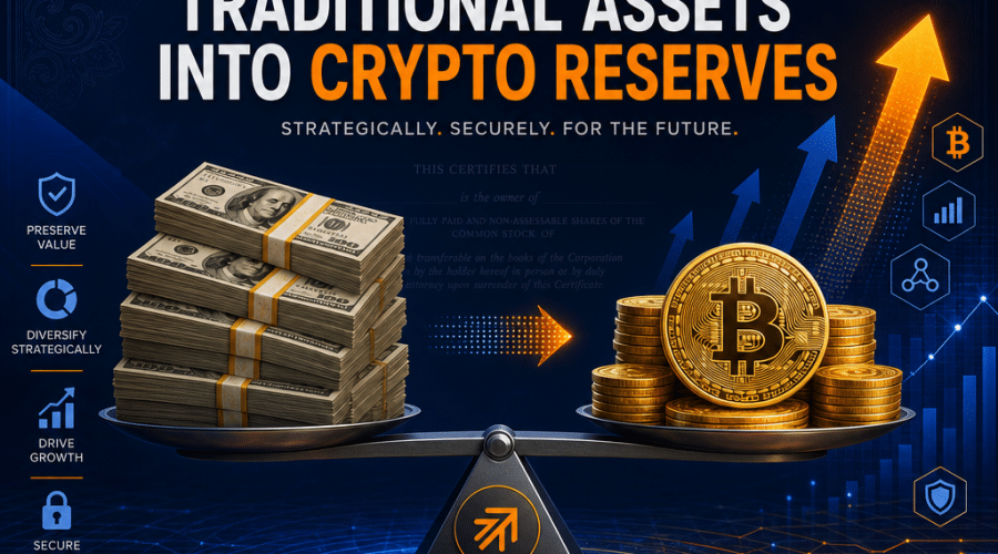 **SEO Alt-Text:** Modern blog header image showing a stylized balance between tall stacks of US dollar bills on one side and shiny gold Bitcoins on the other, set against a dark blue background (#000D43) with bold orange accents (#FF9811) and supporting midnight blue elements (#021B88). Features upward arrows, digital finance icons, subtle geometric abstract designs for innovation, and a faint share certificate overlay symbolizing equity. Perfect for topics on financial sophistication, digital investment strategy, and the shift from traditional assets to cryptocurrency reserves.