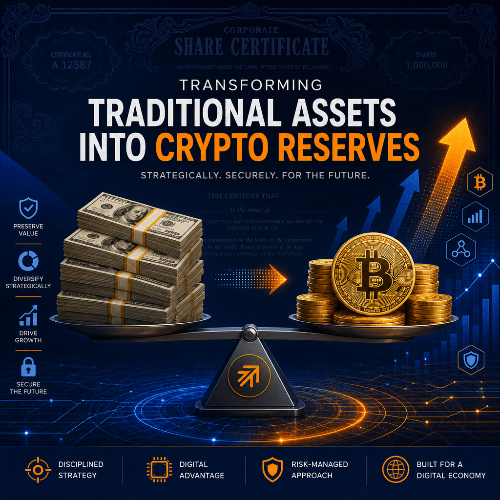 **SEO Alt-Text:** Modern blog header image showing a stylized balance between tall stacks of US dollar bills on one side and shiny gold Bitcoins on the other, set against a dark blue background (#000D43) with bold orange accents (#FF9811) and supporting midnight blue elements (#021B88). Features upward arrows, digital finance icons, subtle geometric abstract designs for innovation, and a faint share certificate overlay symbolizing equity. Perfect for topics on financial sophistication, digital investment strategy, and the shift from traditional assets to cryptocurrency reserves.